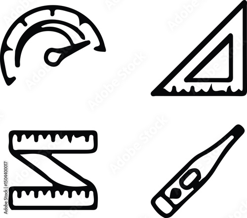 Icons of precision: four simple icons representing essential measuring tools: a gauge, ruler, measuring tape, and thermometer.