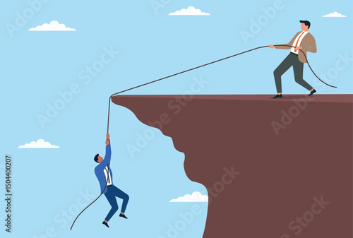 Vector illustration of a businessman fall down a mountain while another businessman pulls him up with a rope, symbolizing support, teamwork, leadership, and overcoming adversity in the business world
