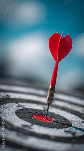 Dart With Red Heart Tip Lodged in Center of Black and White Bullseye During O...