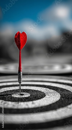 Dart With Red Heart Tip Lodged in Center of Black and White Bullseye During O...