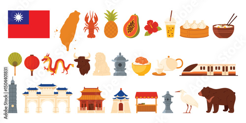 Taiwanese set with flag, map, famous foods, landmarks, animals and cultural symbols isolated perfect for travel guides, educational materials, and tourism promotion vector illustration