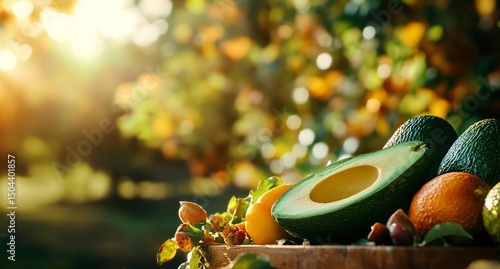 Fresh Avocados on Display in a Sunny Orchard Showcasing Ripe Produce and Lush...
