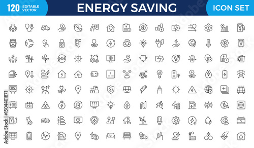 Energy Saving outline icon set with conservation, reduce waste, consumption, management, efficiency, gas emission and green house. Eco related icons Energy Costs, Power ConsumptionGreen House