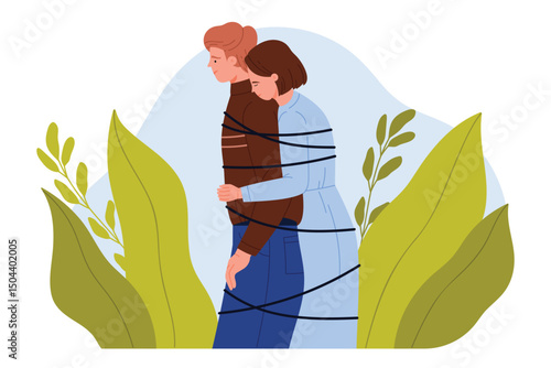 Love codependency in couple, problem of personality separation and addiction, psychology. Hug of man and woman tied together with rope, emotional dependence behavior cartoon vector illustration