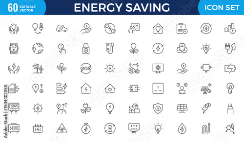 Energy Saving outline icon set with conservation, reduce waste, consumption, management, efficiency, gas emission and green house. Eco related icons Energy Costs, Power ConsumptionGreen House
