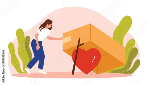 Emotional trap for trusting heart, prey hunting, hazard of feelings and romance, fraud and scam bait. Girl victim with curiosity looking under cardboard box to find love cartoon vector illustration