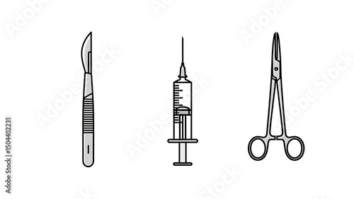 Minimalist medical tool icons — scalpel, syringe, forceps.