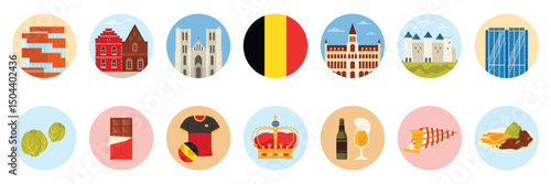 Travel to Belgium set of round stickers with Belgian culture elements, landmarks and food. MAS Museum and Belgium National Football Team Jersey, Brussels Sprouts, chocolate cartoon vector illustration