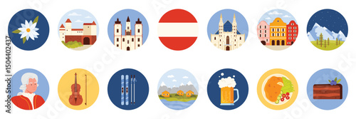 Travel to Austria set of round stickers with Austrian culture elements, landmarks and food. Colorful Old Town houses and Alpine mountain night landscape, violin and beer cartoon vector illustration