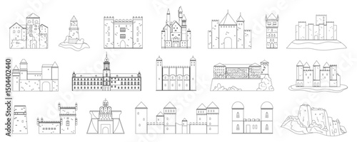 A rich line set of historical castles and fortified buildings from various regions, including towers, strongholds, and stone structures. Highlights defense architecture outline vector illustration.