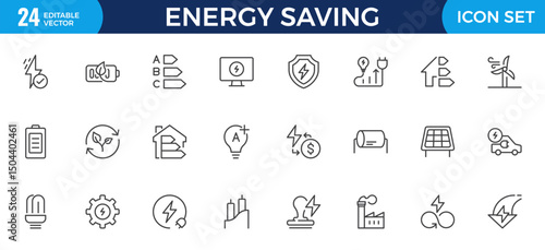 Energy Saving outline icon set with conservation, reduce waste, consumption, management, efficiency, gas emission and green house. Eco related icons Energy Costs, Power ConsumptionGreen House