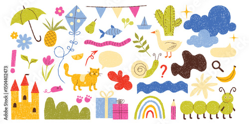 Kids drawings set with colorful pencil and chalk, pastel crayon. Cute color pictures of childhood imagination, castle and garden flowers, kite and cactus, bird and cat, rainbow vector illustration