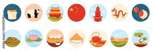 Travel to China set of round stickers with Chinese culture elements, landmarks and food. Traditional tea ceremony and Great Wall, ancient temple and red lantern, dragon cartoon vector illustration