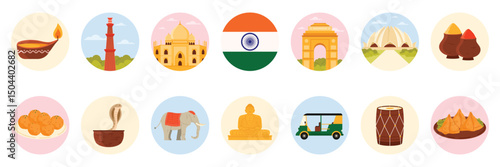 Travel to India set of round stickers with Indian culture elements, famous landmarks and food. Taj Mahal and mosque, Samosa and hot spices, Diwali festival, elephant cartoon vector illustration