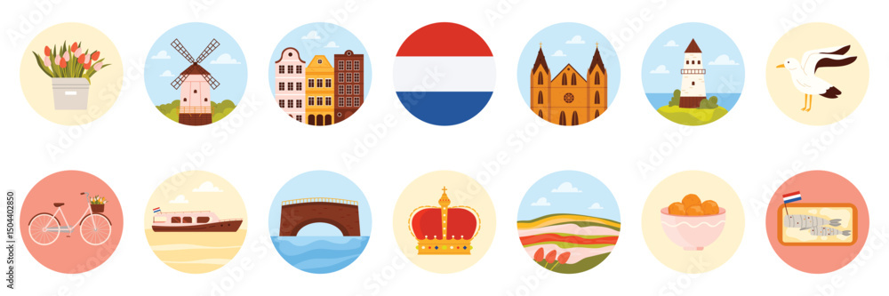 Obraz premium Travel to Netherlands set of round stickers with Dutch culture elements, landmarks and food. Flag and Dutch canal houses, tulip bouquet and field, lighthouse, wind mill cartoon vector illustration
