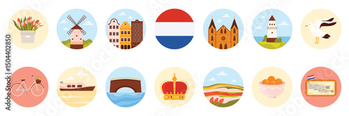 Travel to Netherlands set of round stickers with Dutch culture elements, landmarks and food. Flag and Dutch canal houses, tulip bouquet and field, lighthouse, wind mill cartoon vector illustration
