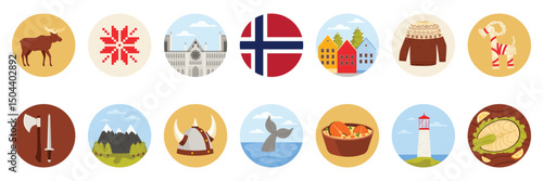 Travel to Norway set of round stickers with Norwegian culture elements, landmarks and food. Houses of Bergen and lighthouse in fjord, helmet, axe and sword of viking cartoon vector illustration