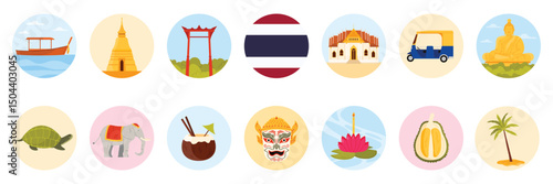 Travel to Thailand set of round stickers with Thai culture elements, landmarks and food. Pagoda temple and palace, tuk tuk taxi in Bangkok and Giant Swing, elephant cartoon vector illustration