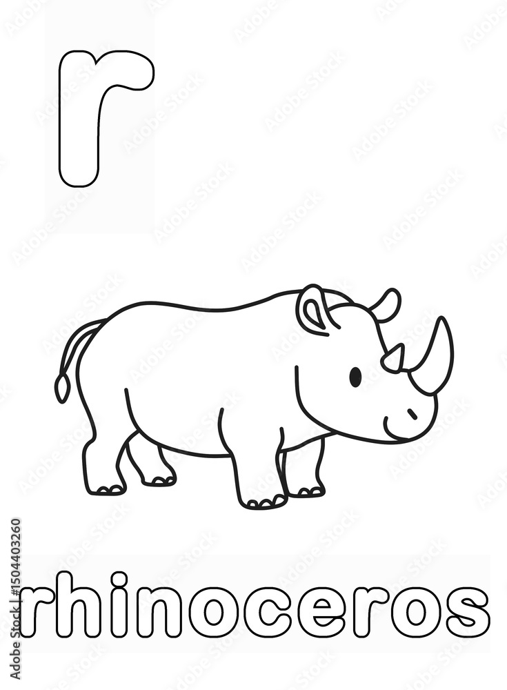 Obraz premium Alphabet Coloring Page for Kids. Children's Coloring Activity sheet. Cute Rhino Illustration to Color. 