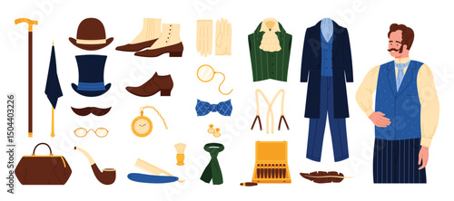 Victorian gentlemen fashion style of 19th century set. Victorian gentleman with mustache, top hat and monocle, elegant suit of rich dandy and cigar box, briefcase and bow cartoon vector illustration