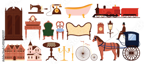 Victorian era, history buildings and items set. Rich aristocrats mansion and carriage, street lamp and armchair, locomotive and bicycle, retro sewing machine and telephone cartoon vector illustration