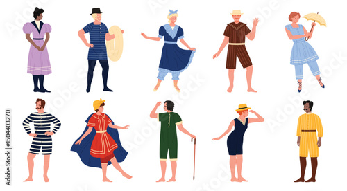 Victorian characters in retro swimsuit of 19th century fashion style on summer beach. Victorian aristocrats wear swimming costumes set, portraits of gentleman and lady cartoon vector illustration