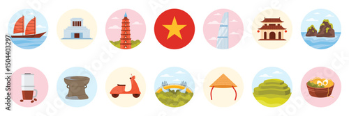 Travel to Vietnam set of round stickers with Vietnamese culture elements, landmarks and food. Skyscraper and temple, scooter of Hanoi, Golden Bridge, Mausoleum and noodle cartoon vector illustration