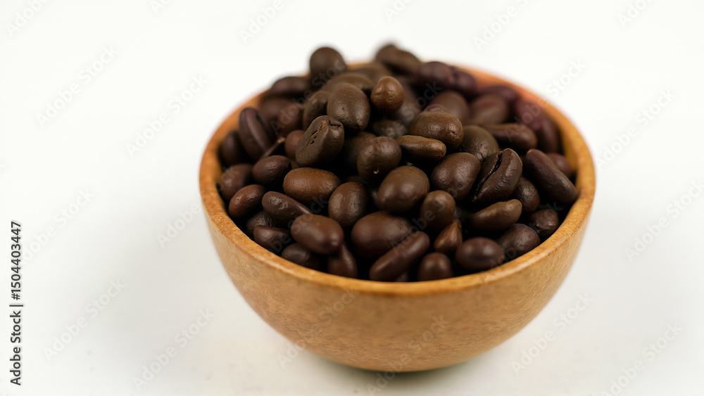 Simple coffee beans in a wooden bowl on white background. Useful for illustrating food, beverage, or cafe concepts in isolated settings. Simple coffee beans in a wooden bowl on white background. Useful for illustrating food, beverage, or cafe concepts in isolated settings.