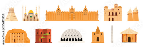 Collection of vector illustrations showcasing iconic architectural landmarks from across Africa featuring diverse styles and cultural heritage buildings