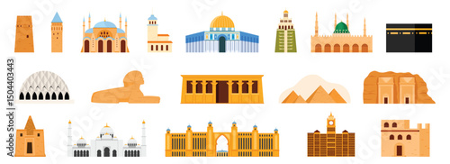 Historic and cultural buildings set from the Middle East and Ancient Egypt, including mosques, pyramids, temples, and towers. Showcases architectural and religious heritage vector illustration.