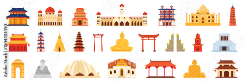 A diverse set of traditional Asian architectural landmarks including temples, gates, pagodas, arches, and Buddha statues. Showcases cultural and spiritual heritage, vector illustration.