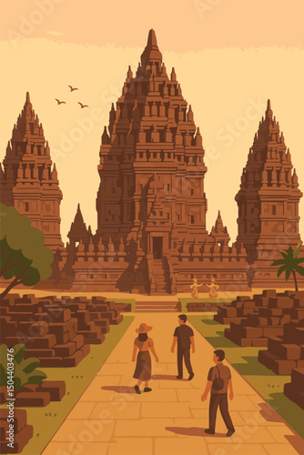 Prambanan Temple Yogyakarta Vector Illustration – Flat Design of Hindu Temple Complex with Shiva, Brahma, Vishnu Towers, Visitors, and Javanese Dancers at Golden Hour