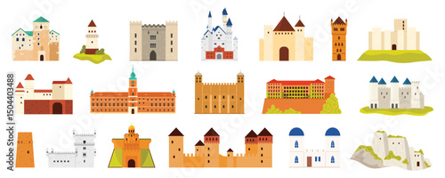 A rich set of historical castles and fortified buildings from various regions, including towers, strongholds, and stone structures. Highlights defense architecture and heritage vector illustration.