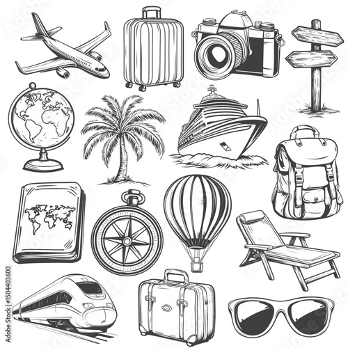 Travel vacation illustration icon set drawing.