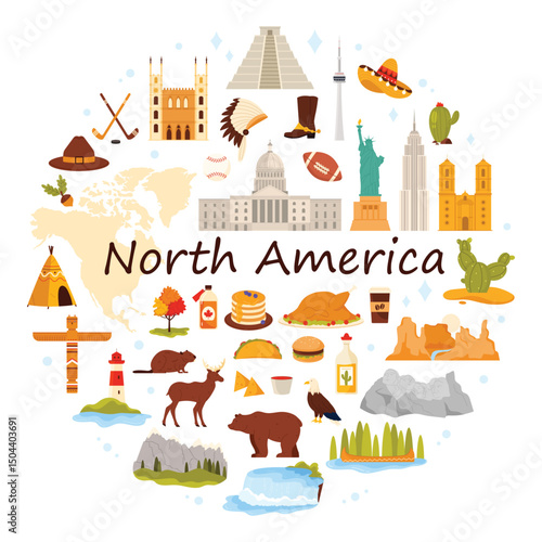 A vibrant, circular collage featuring iconic landmarks, culinary delights, and native wildlife representing the diverse culture and geography of North America.
