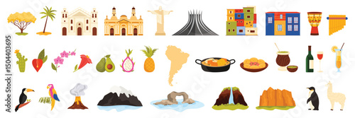 Travel to South America, culture elements and landmarks, food set. Cathedral of Brasilia and Caminito, Christ statue and Favelas houses in Brazil, Pan flute, Sancocho soup cartoon vector illustration