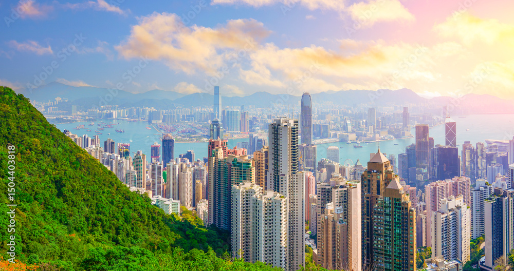 Aerial panorama top view of forest peak slope of high rise skyscrapers cityscape of Hong Kong Aerial panorama top view of forest peak slope of high rise skyscrapers cityscape of Hong Kong