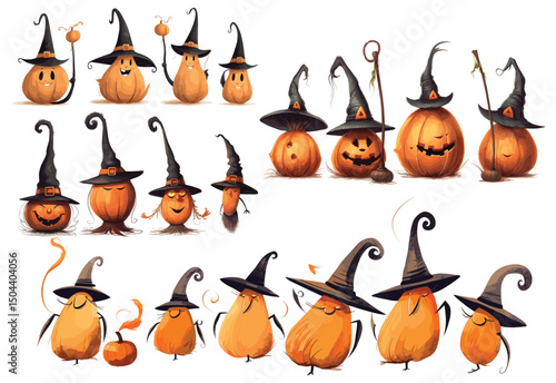 Halloween pumpkin characters in witch hats, whimsical seasonal vector art collection