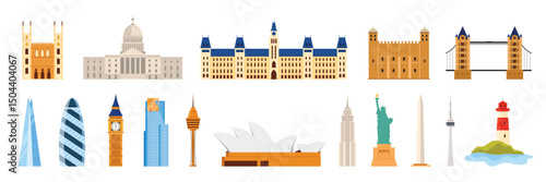 A curated set of iconic architectural landmarks from USA, UK, Canada, and Australia with skyscrapers, towers, bridges, cultural sites. Highlights modern and historic architecture vector illustration.