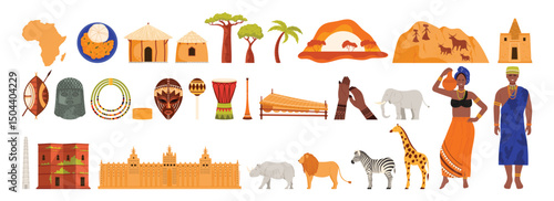 Travel to Africa infographic set with African man and woman in traditional tribal costumes, culture elements, cuisine. Obelisk of Axum, Mosque of Djenne, Lalibela Church cartoon vector illustration