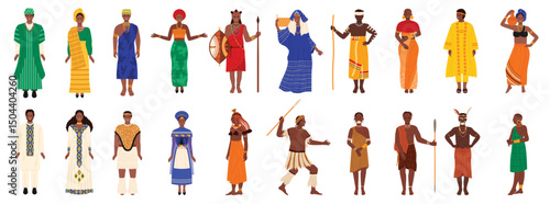 African people in traditional tribal costumes infographic set. Ethnic aborigine and indigenous man and woman of Africa, characters in clothes and headwear, jewelry of tribe cartoon vector illustration