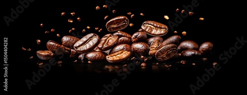 Fresh Coffee Beans Floating Above a Dark Background With Scattered Grounds
