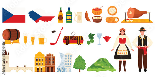 Travel to Czech Republic infographic set. Czech couple in traditional costumes, architecture landmark and culture elements, food, Charles Bridge and Dancing House in Prague cartoon vector illustration