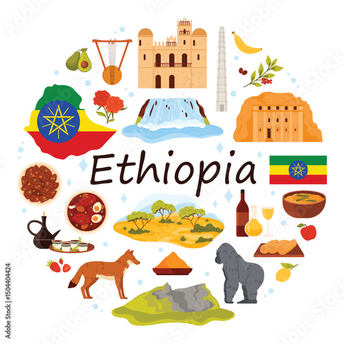Ethiopian culture elements and landmarks of Ethiopia, coffee, honey wine and food in round infographic banner with title. Landscapes of waterfall, savanna and mountains cartoon vector illustration