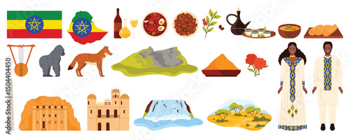Travel to Ethiopia, Ethiopian culture design elements, cuisine, nature and architecture landmarks set. People in traditional dress and temples, map and flag of country cartoon vector illustration