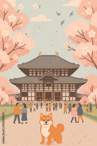 Traditional Nara Building During Cherry Blossom Season – Flat Vector Illustration with Sakura Trees, Visitors, Birds, Shiba Inu Dog, and Airplane in Pastel Spring Sky