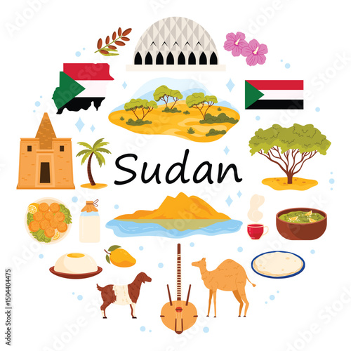 Sudan culture elements and food, nature and architecture, travel landmarks in round infographic poster with title. Mosque of two Niles, acacia and hibiscus, kisra, falafel cartoon vector illustration
