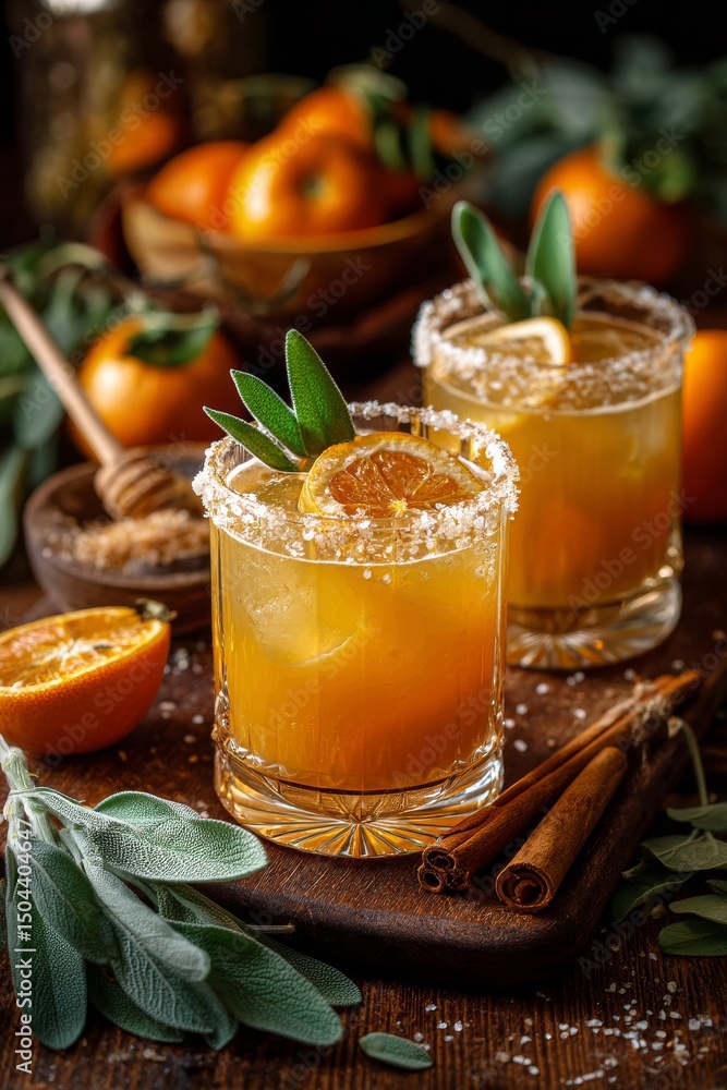 Refreshing Citrus Drinks Garnished With Sage and Spices on Wooden Table Refreshing Citrus Drinks Garnished With Sage and Spices on Wooden Table
