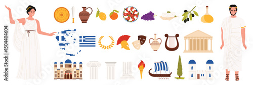 Travel to Greece set. Greek ancient culture heritage landmarks, Mediterranean food wine, traditional clothing, people ancient attire, famous symbols, map flag of Greece cartoon vector illustration