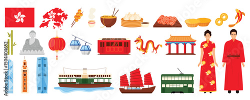 Hong Kong culture elements, food and architecture landmarks infographic set. Ferry and bus for tourist tour, man and woman in traditional costumes, Clock Tower and tram cartoon vector illustration